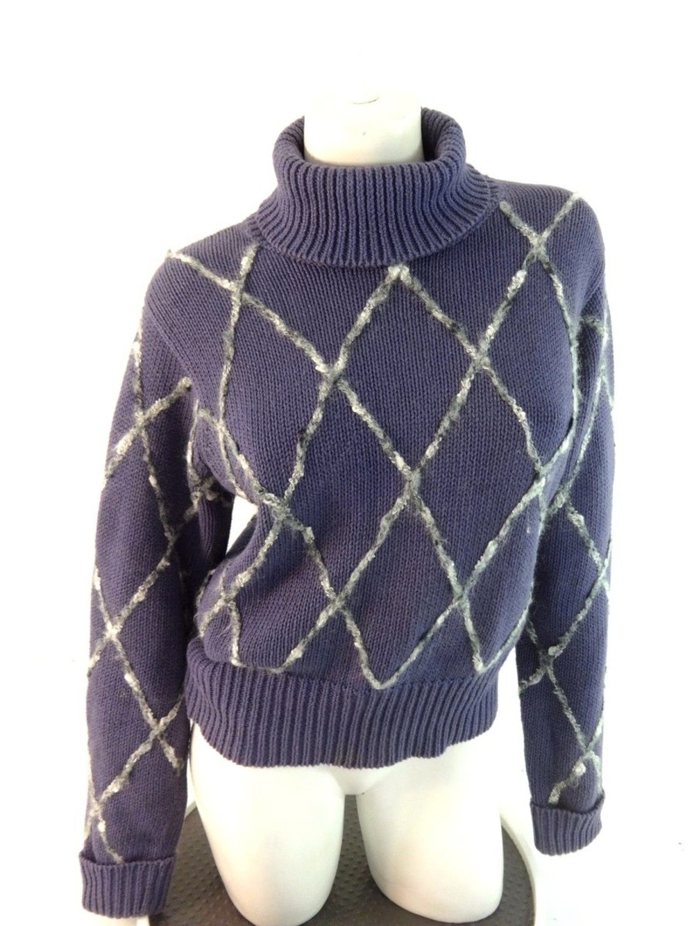 dressbarn Purple Turtleneck Sweater with Cream Diamond Pattern